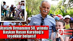 Atatürk Ormanının 50. yılında Başkan Karabağ'a teşekkür belgesi