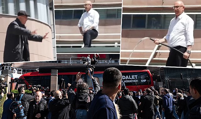 CHP genel merkezinde dikkat çeken anlar: Özel destekçileri parti otobüslerini bina önüne çekti, Mahmut Tanal hortumla bekliyor